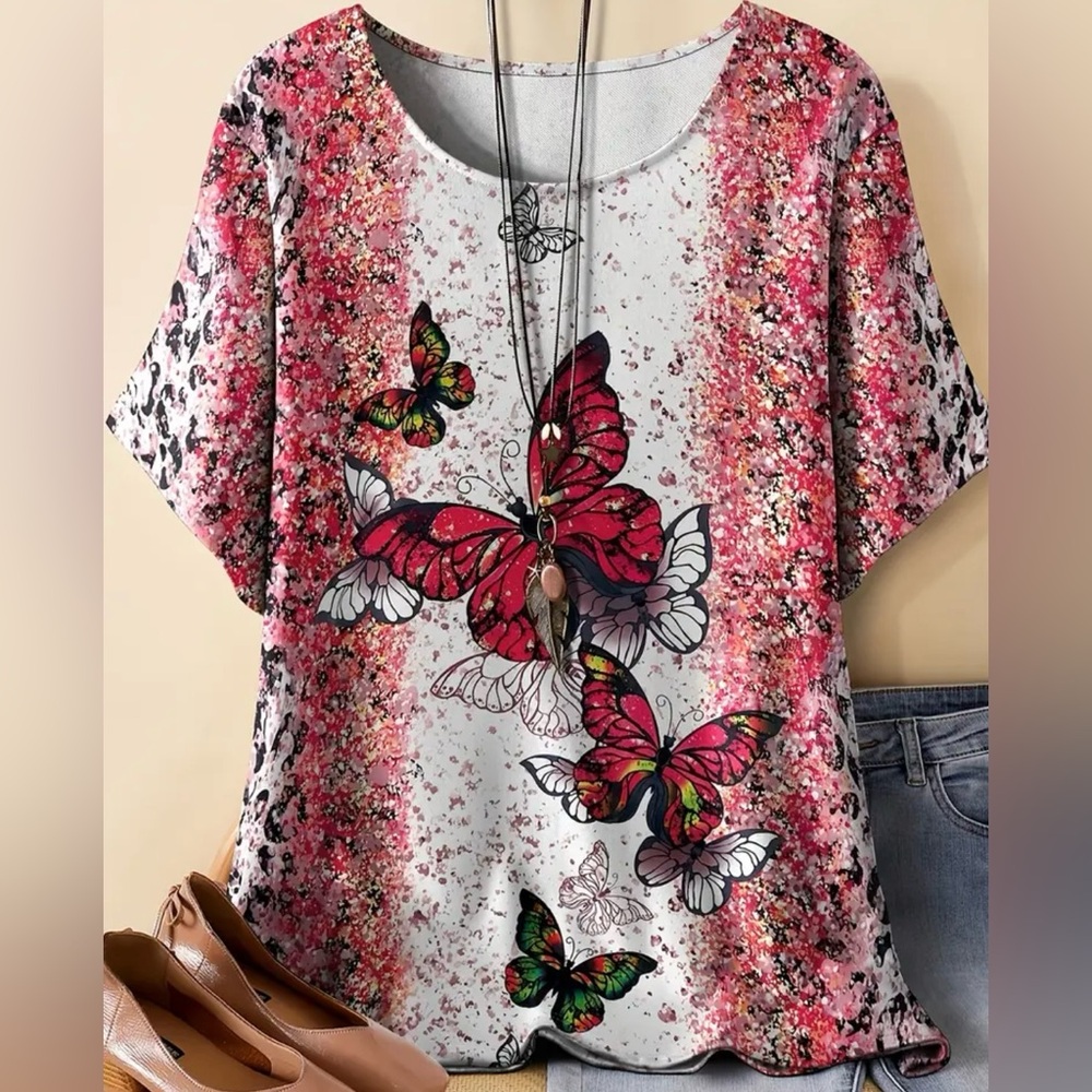 Butterflies Top Colorful Size 1XL Pink Shirt NEW Butterfly Blouse!